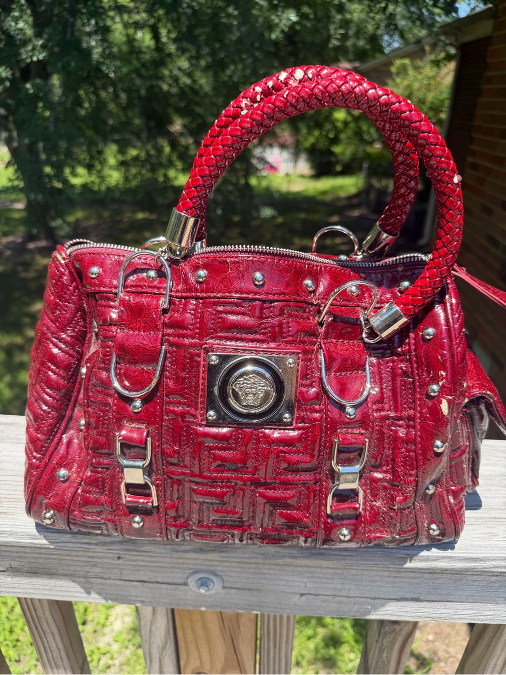 Red Womens Satchel Handbag with Silver Hardware
